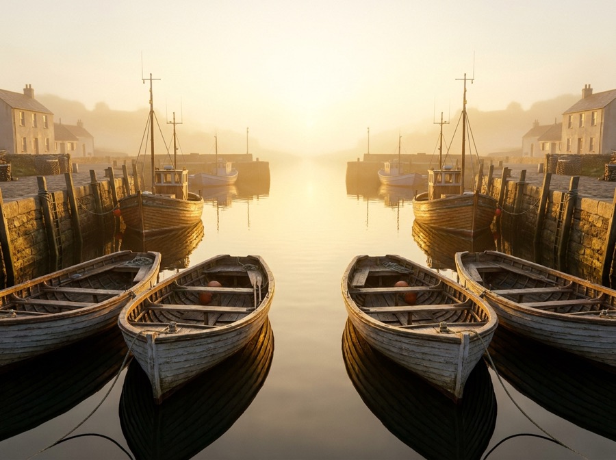 An AI imitation of the same harbor scene