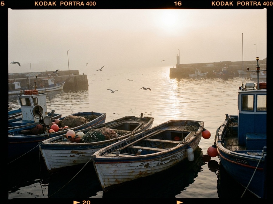 A film photograph of a harbor at dawn